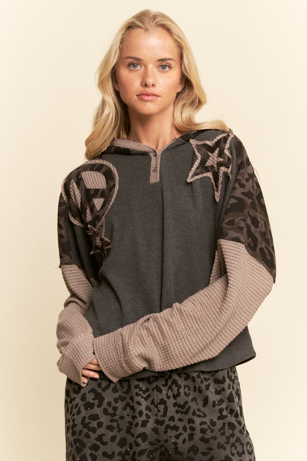 Star Peace Patchwork Fabric Hoodie Top