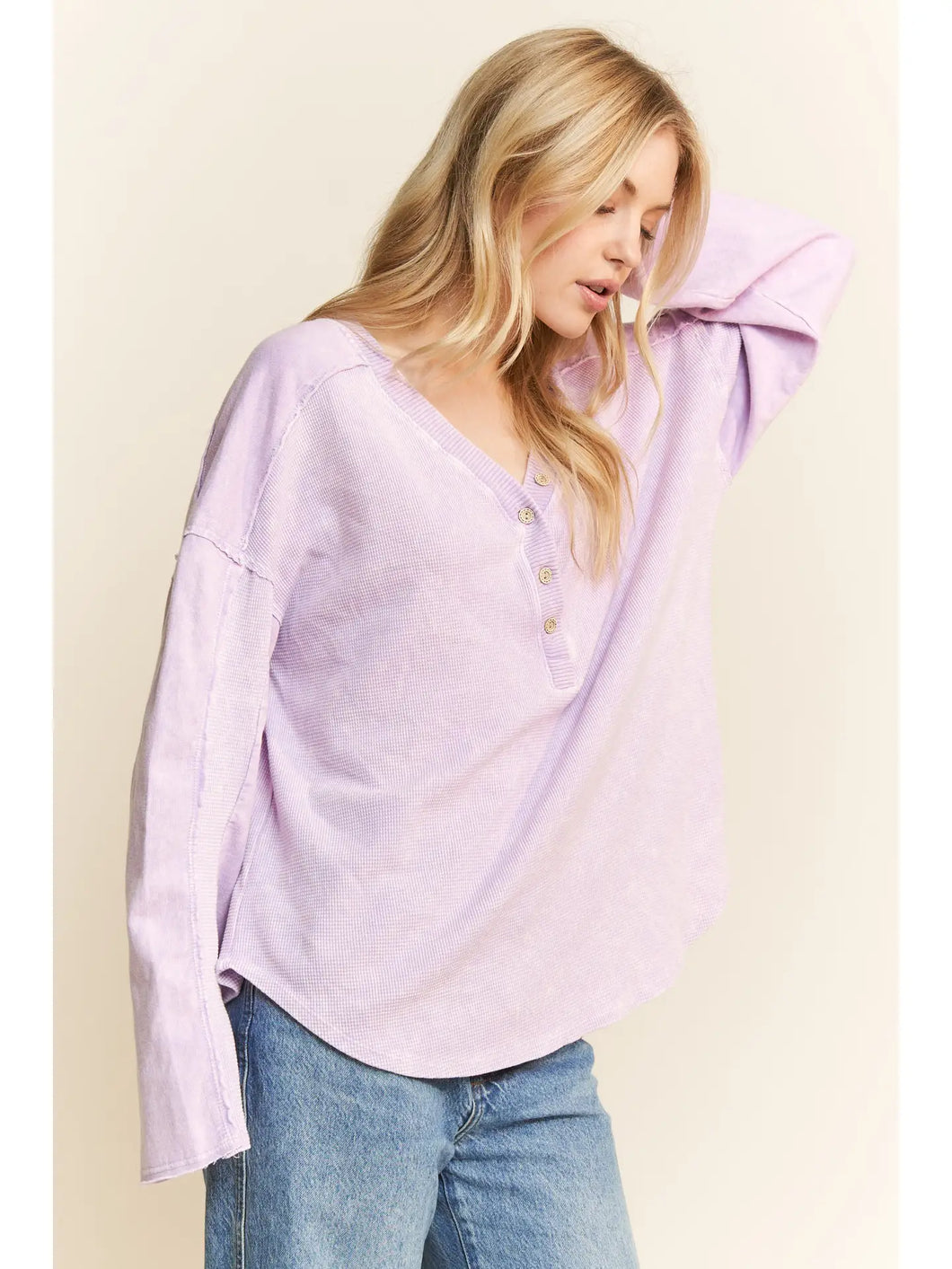 J. Her - Mineral wash Deep Vneck Button Thermal Henley Top
