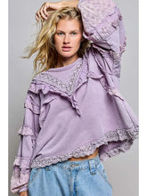 Load image into Gallery viewer, Pol - French Terry Eyelet Ruffle Vintage Washing Solid Knit Top
