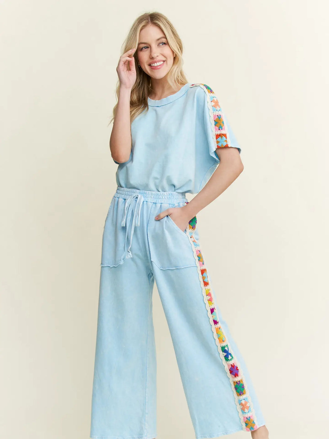 J. Her - Mineral Washed Real Crochet Patch Side Trim Pants