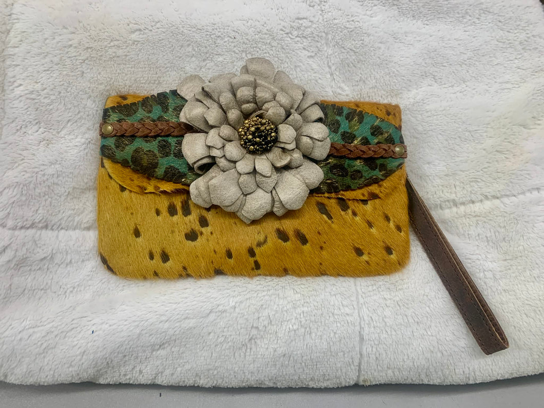 A Rare Bird - Clutch Crossbody- Mustard and Teal Leopard