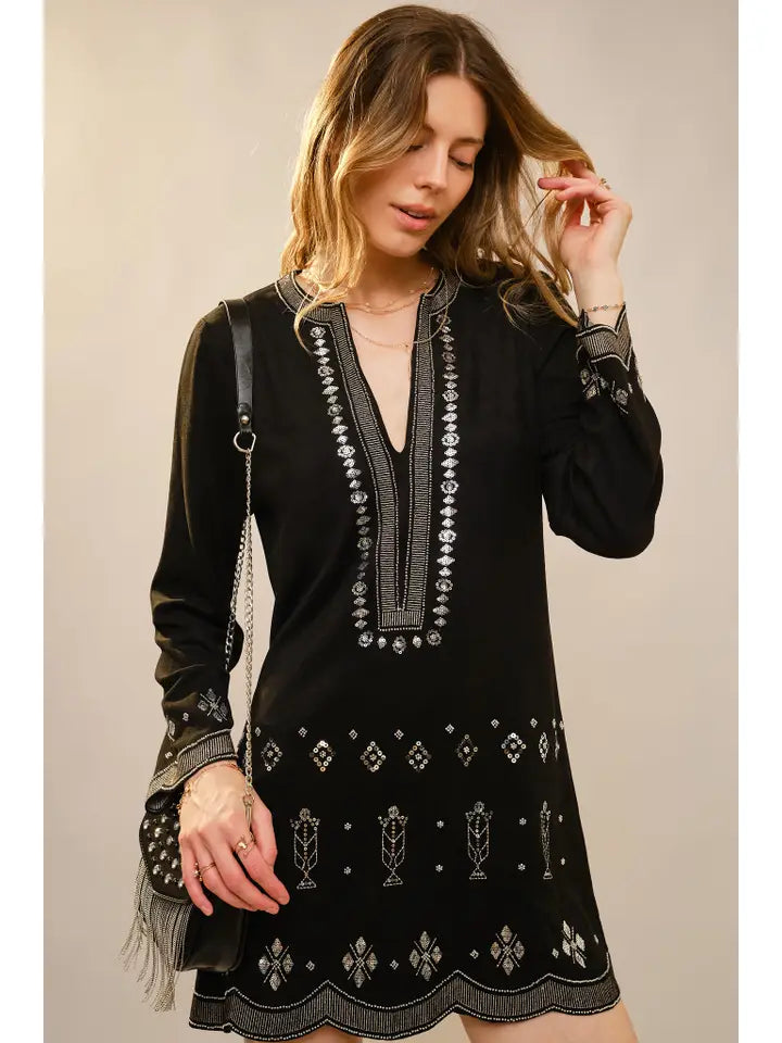 Blue B - Faux Suede Beaded Tunic Dress - Black