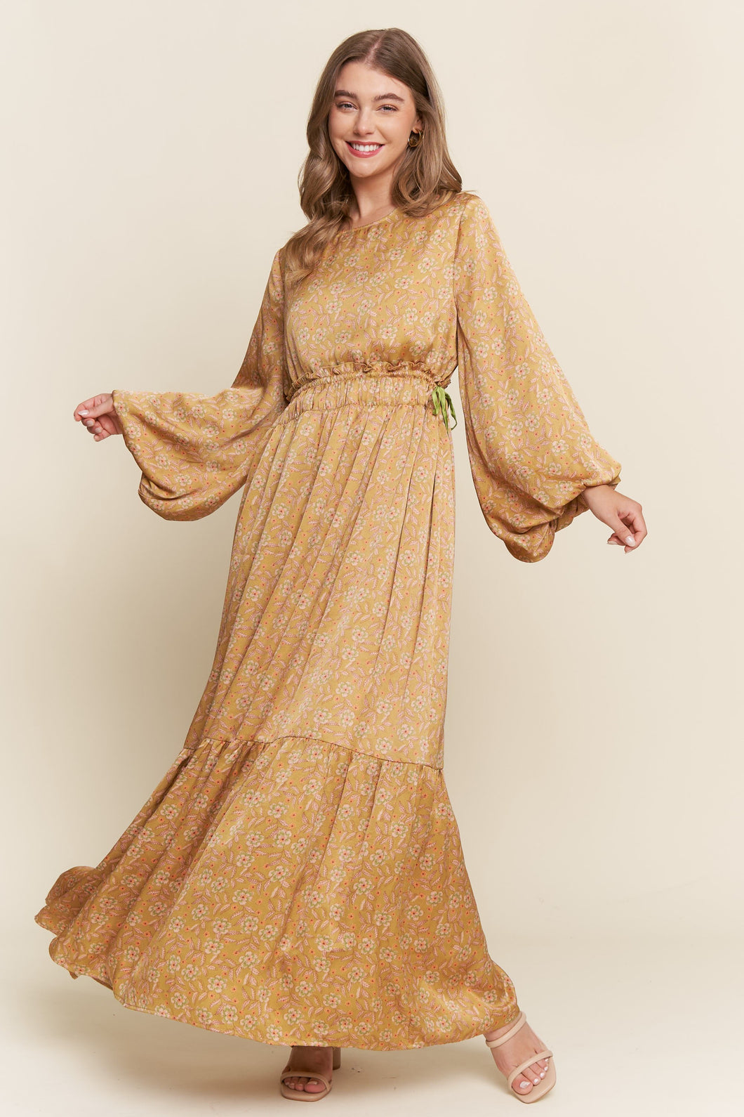 Pleated Floral Print Maxi Dress