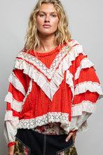Load image into Gallery viewer, Pol - Eyelet Ruffle Raw Edge Trim Lace Solid Knit Top Red
