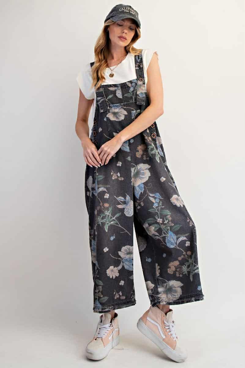Flower Printed Washed Denim Overalls