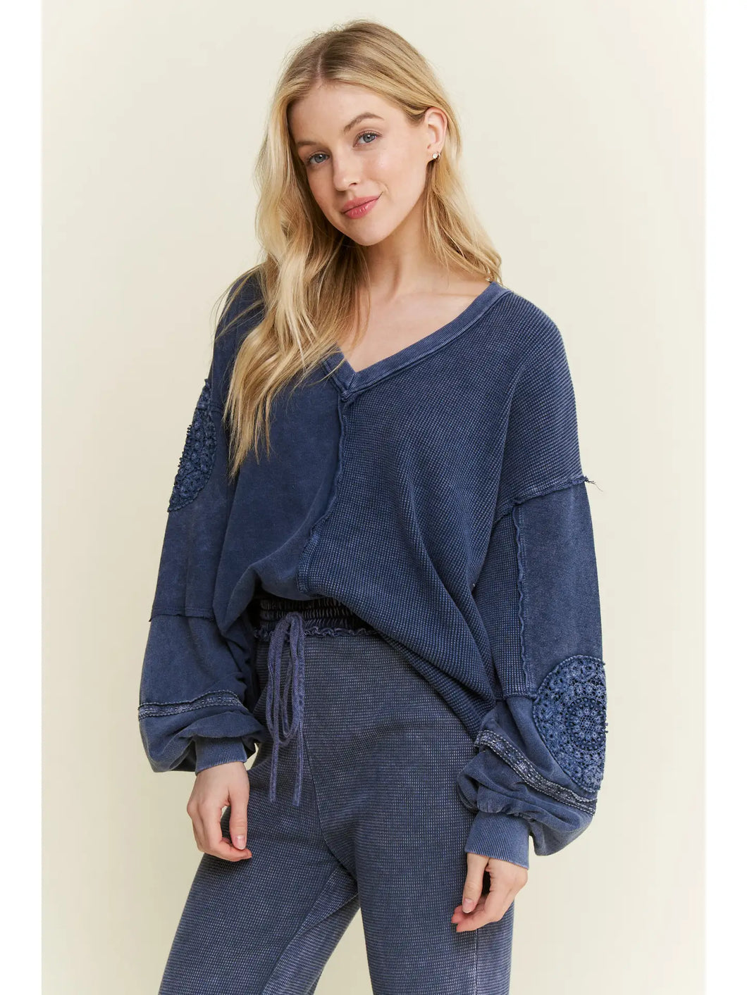 J. Her - Mineral Washed Doily Vneck Blouse