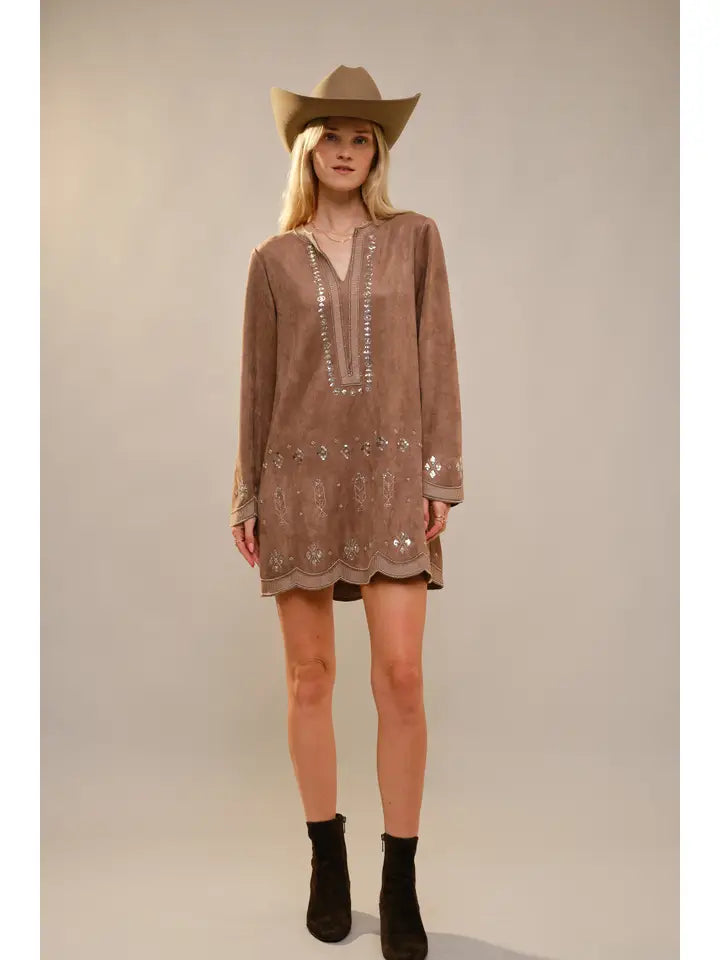 Blue B - Faux Suede Beaded Tunic Dress - Mocha