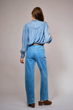 Load image into Gallery viewer, Blue B - Ruffle Neck Denim Snap Button Shirt
