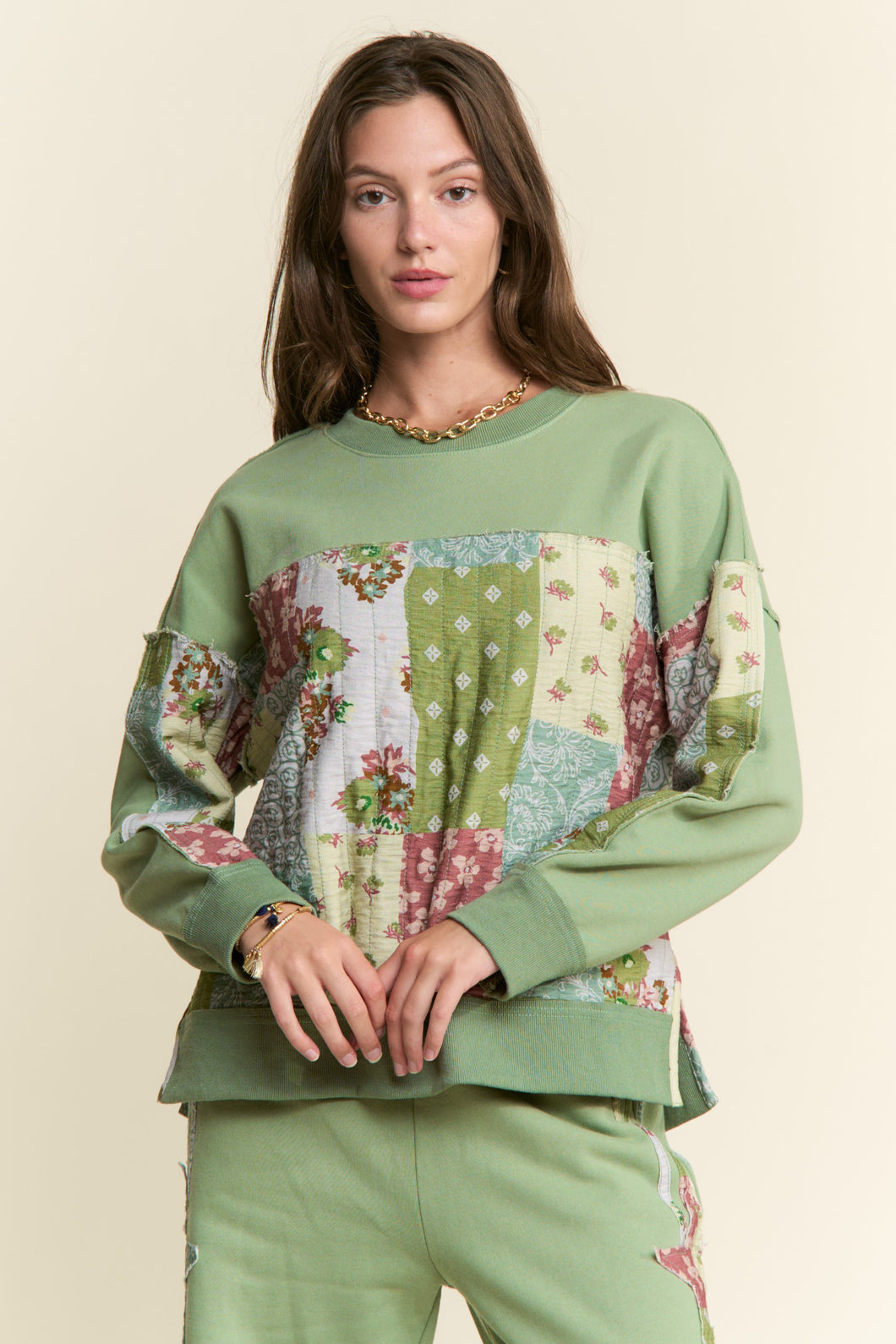 J.NNA - Sage Multi Patchwork Color Block Sweater Top