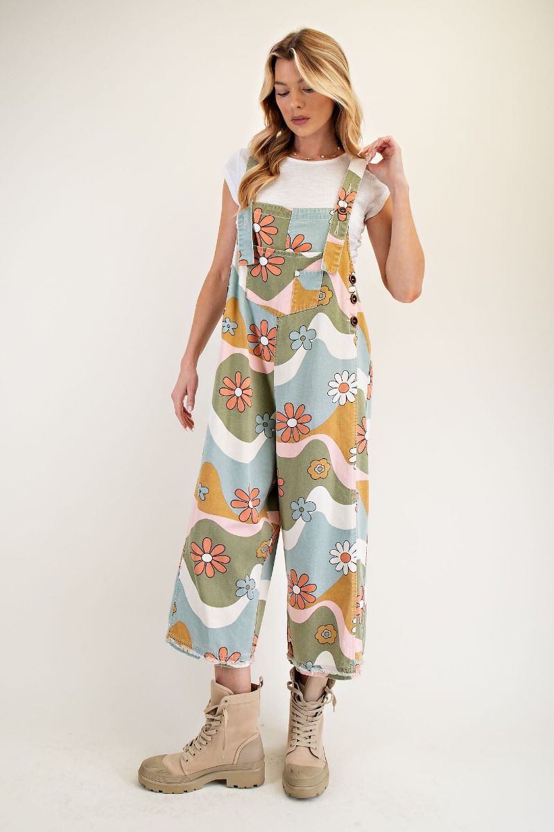 Easel - Flower Print Washed Twill Overalls
