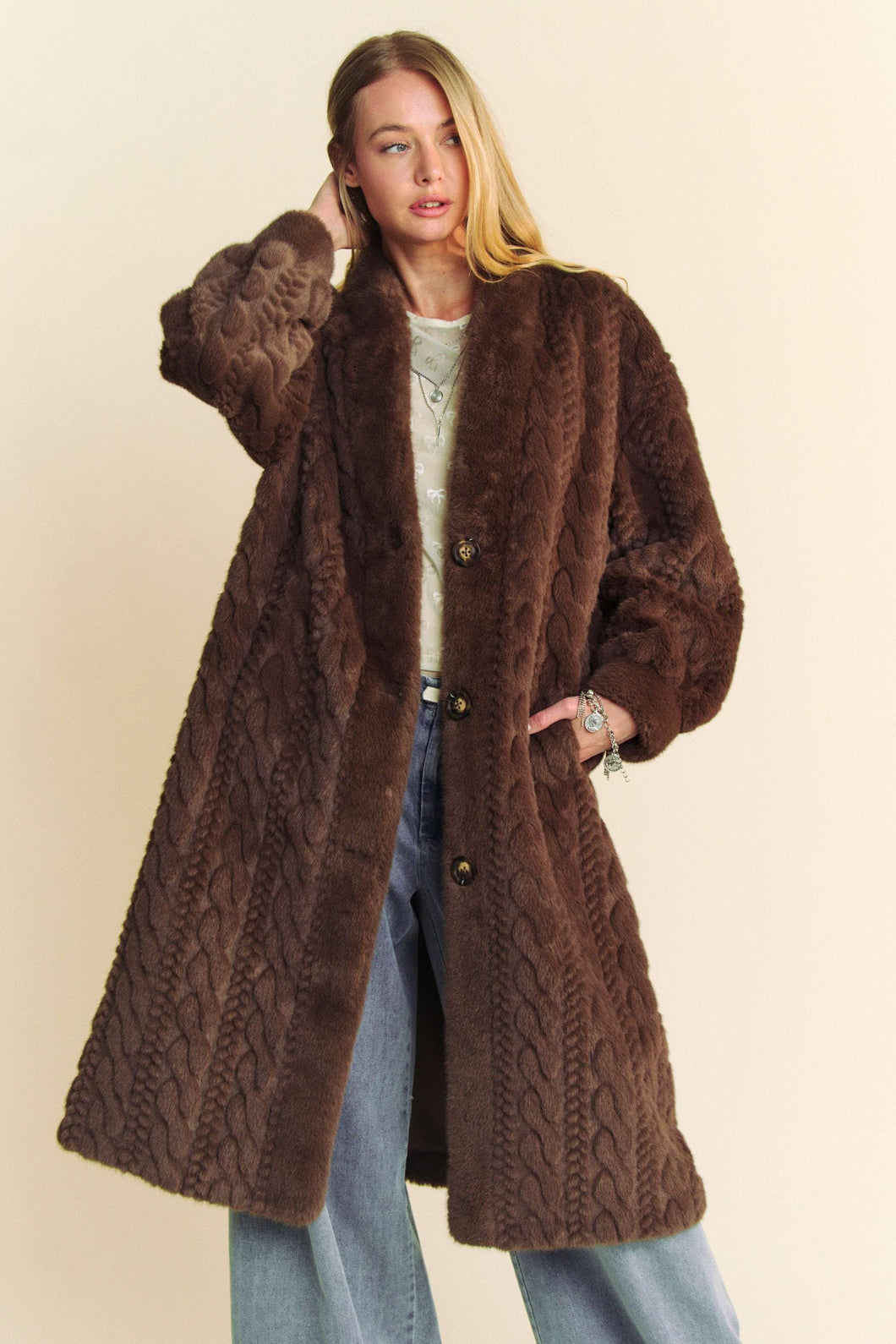 Single Breasted Fuzzy Fur Rib Pattern Long Coat