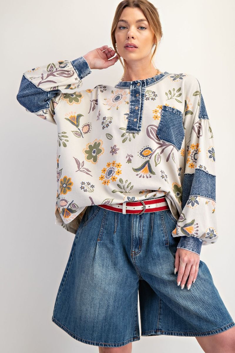 Easel - Denim mix floral print top