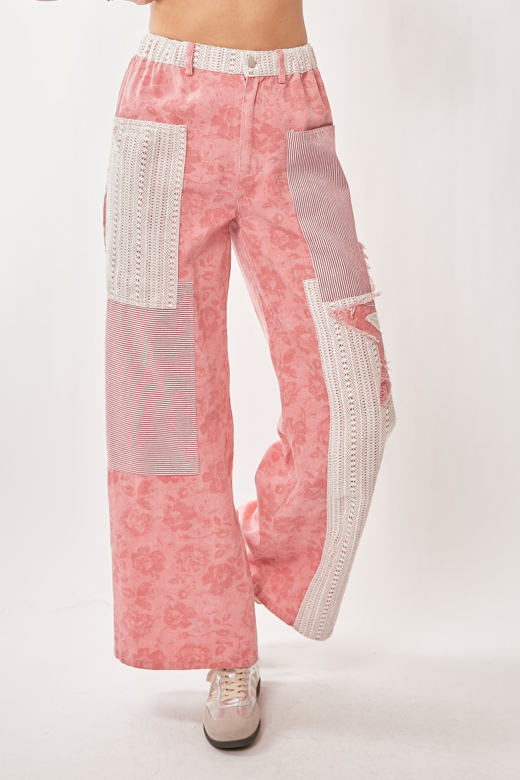 Floral Stripe Denim Mixed Star Patch Washed Pants