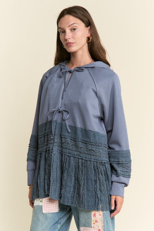 Mixed Fabric Lace Trim Hooded Jacket
