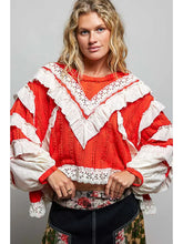 Load image into Gallery viewer, Pol - Eyelet Ruffle Raw Edge Trim Lace Solid Knit Top Red
