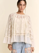Load image into Gallery viewer, Davi &amp; Dani - Sheer Lace Bell Sleeve Blouse Round Neckline
