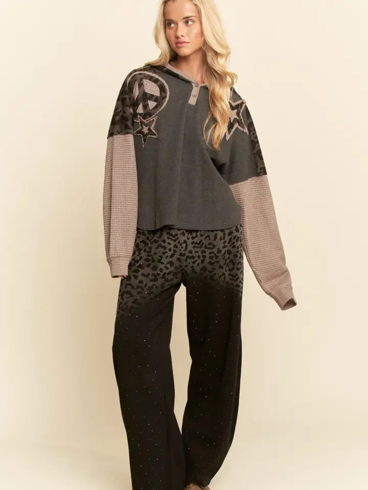 Davi & Dani - Star Peace Patchwork Fabric Hoodie Top