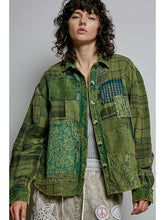 Load image into Gallery viewer, Pol - Green Vintage Wash Plaid Lace Patchwork Long Sleeve Shirt Top
