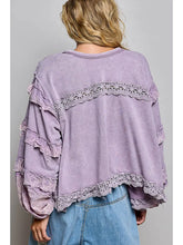 Load image into Gallery viewer, Pol - French Terry Eyelet Ruffle Vintage Washing Solid Knit Top

