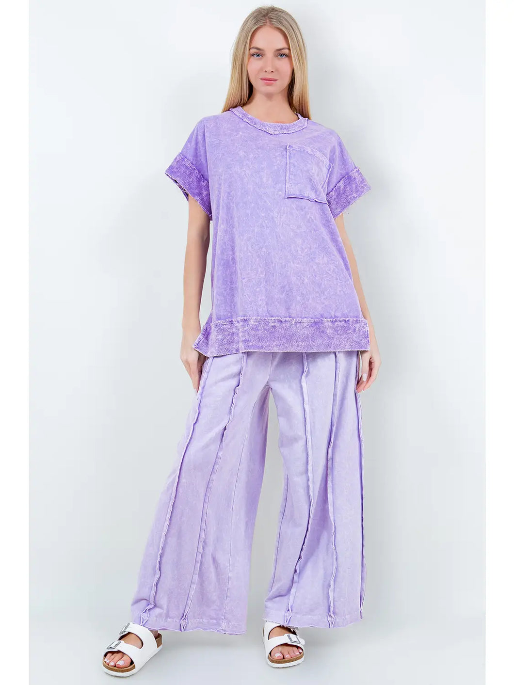 Mineral Wash Raw Outseam Wide Leg Pants