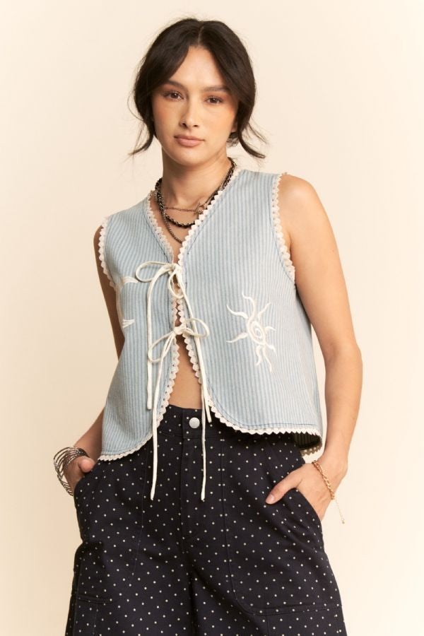 Davi & Dani - Striped Denim Moon Lace Edge Tie Front Vest