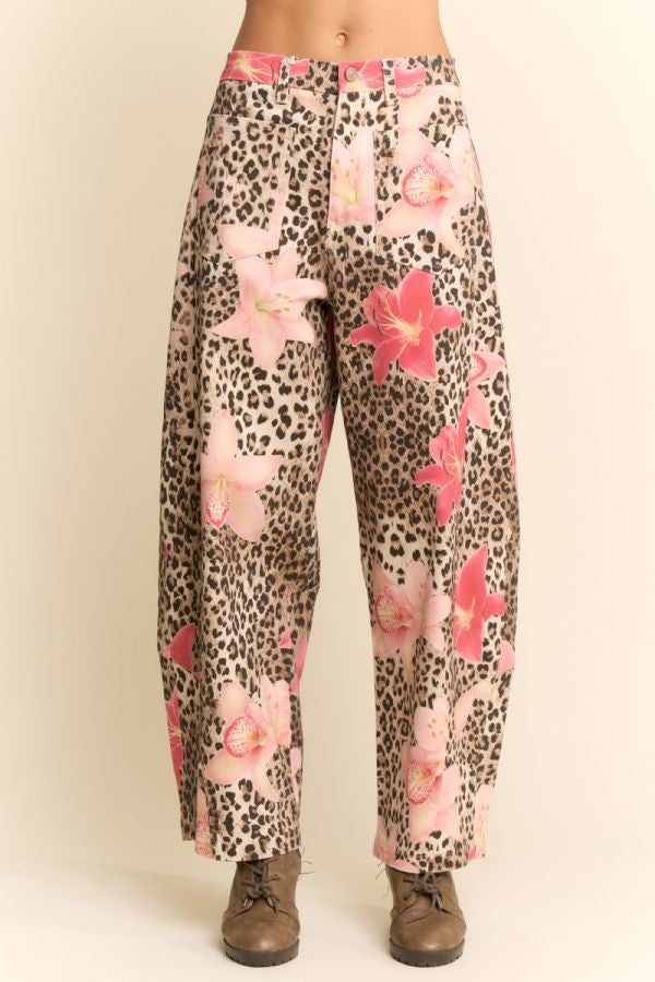 Davi & Dani - Leopard Floral Print Relaxed Wide Leg Pants