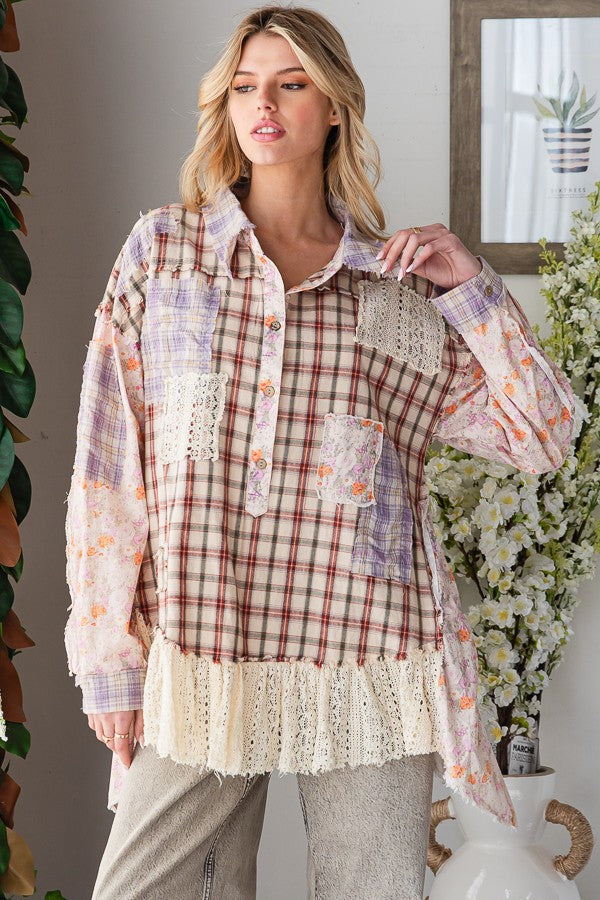 Oli & Hali -Washed Ruffle Lace Hem Button Up Plaid Shirt