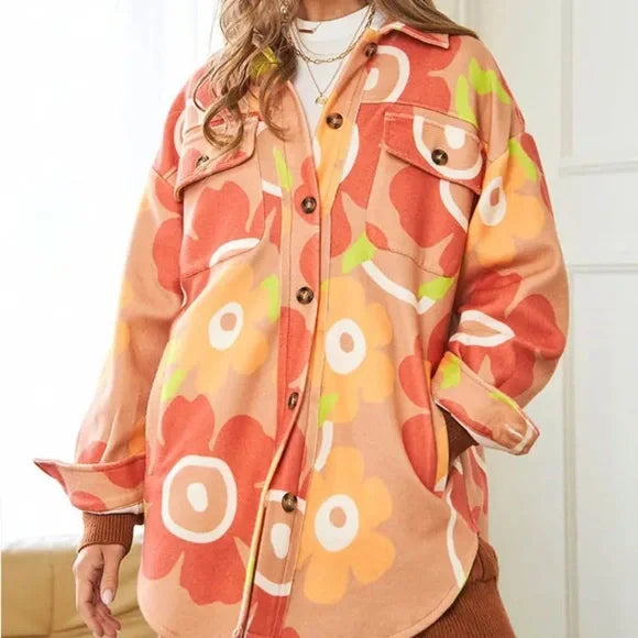 Davi & Dani- Retro Floral Tan/Orange Shacket