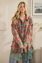Load image into Gallery viewer, Oli &amp; Hali -  WASHED PLAIDS AND EMBROIDERED MESH MIX SHACKETS RED GREEN
