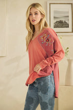 Load image into Gallery viewer, Oli &amp; Hali - WASHED FABRIC FLORAL EMBROIDERY RUCHED SLEEVE TOP RED
