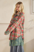 Load image into Gallery viewer, Oli &amp; Hali -  WASHED PLAIDS AND EMBROIDERED MESH MIX SHACKETS RED GREEN
