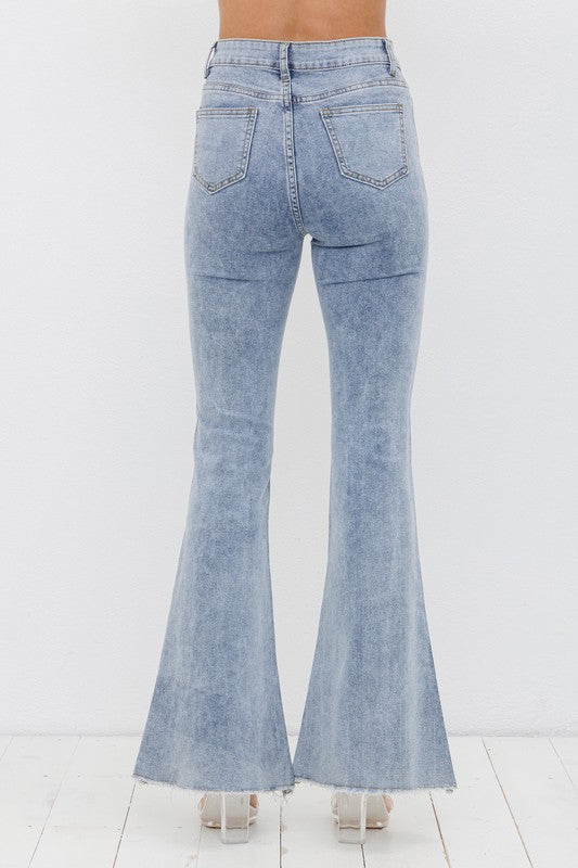 Blue B Women's Blowing Your Mind Slit-Front Wide Leg Rhinestone Jeans in Light Wash - Size L