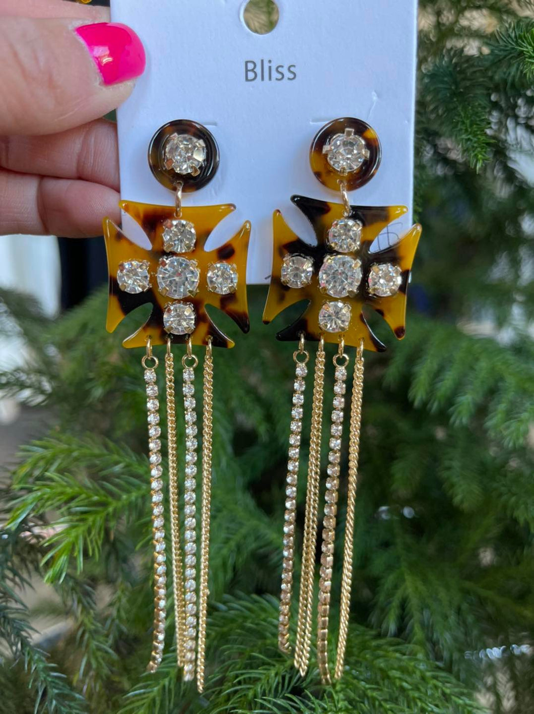 Bliss Leopard Print, Rhinestone, Fringe Drop Earrings