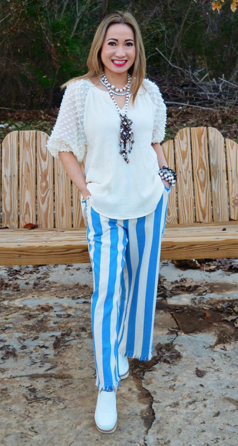 Umgee Striped Pants with Frayed Hem