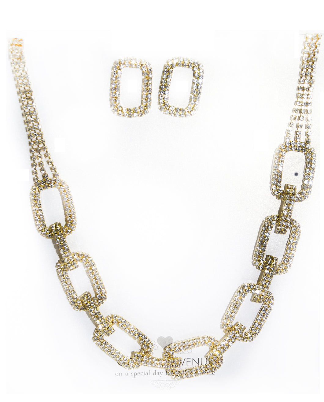 Gold Rhinestone Chain Necklace & Earring Set