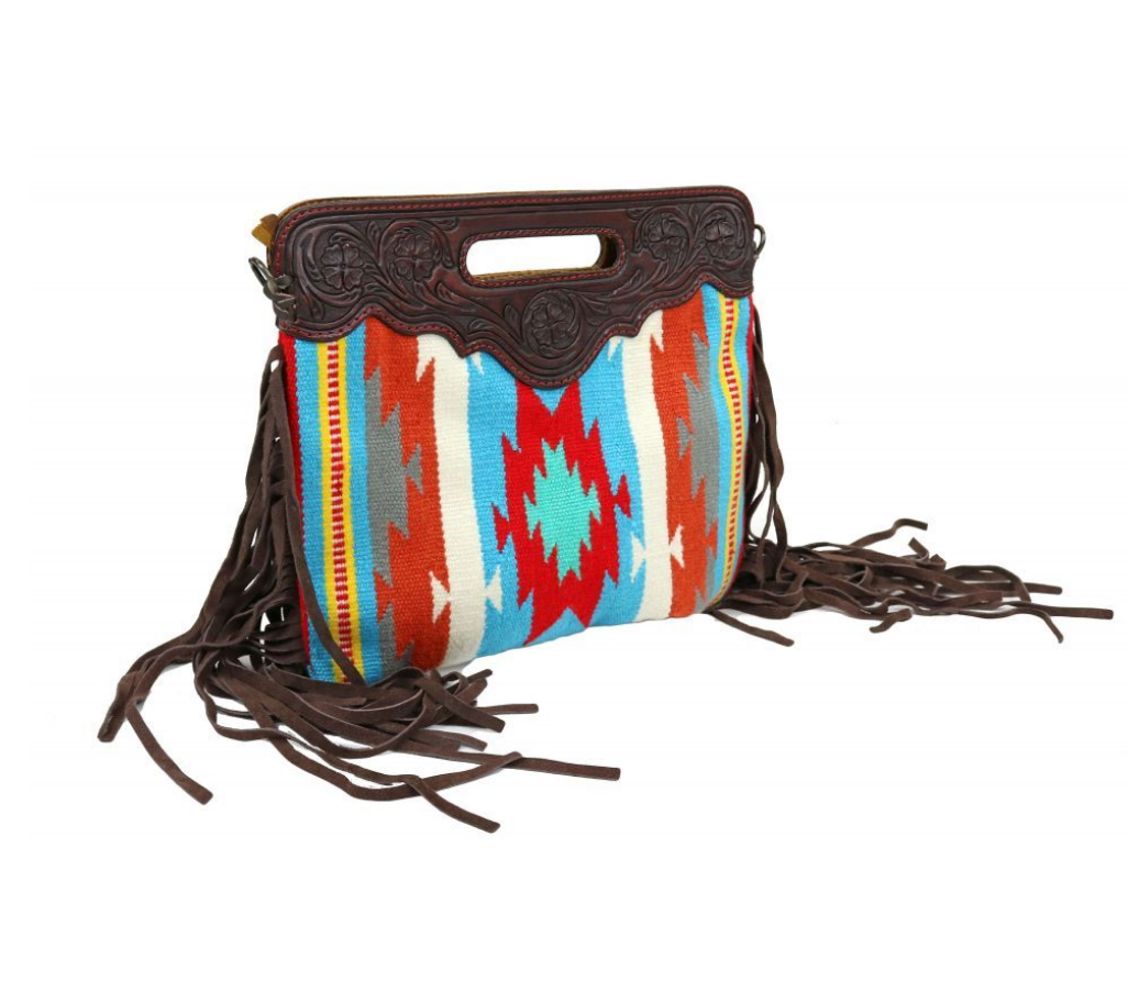 American Darling Saddle Blanket Red Floral Tooled Fringe Purse